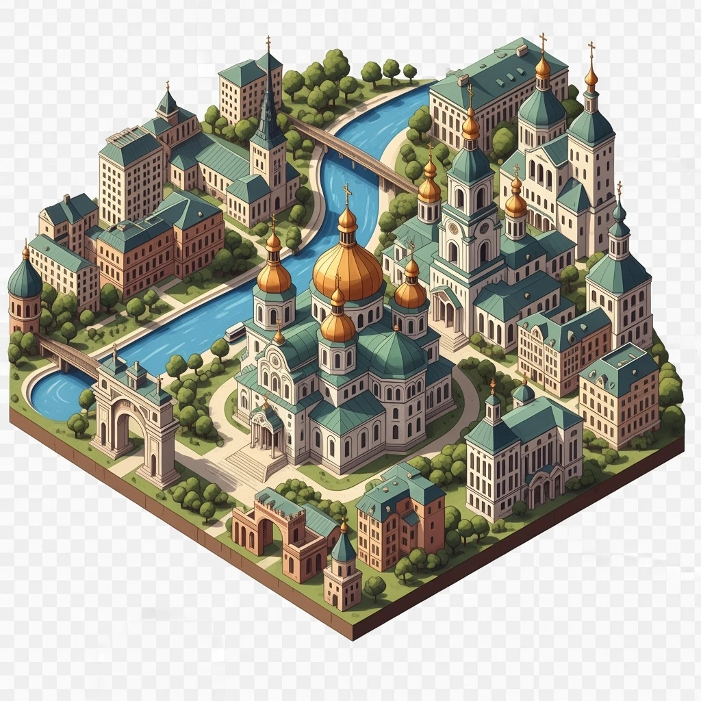 Isometric illustration of Kyiv, featuring Saint Sophia Cathedral with golden domes, balanced between stylized and realistic, 3D miniature effect, transparent background. emoji