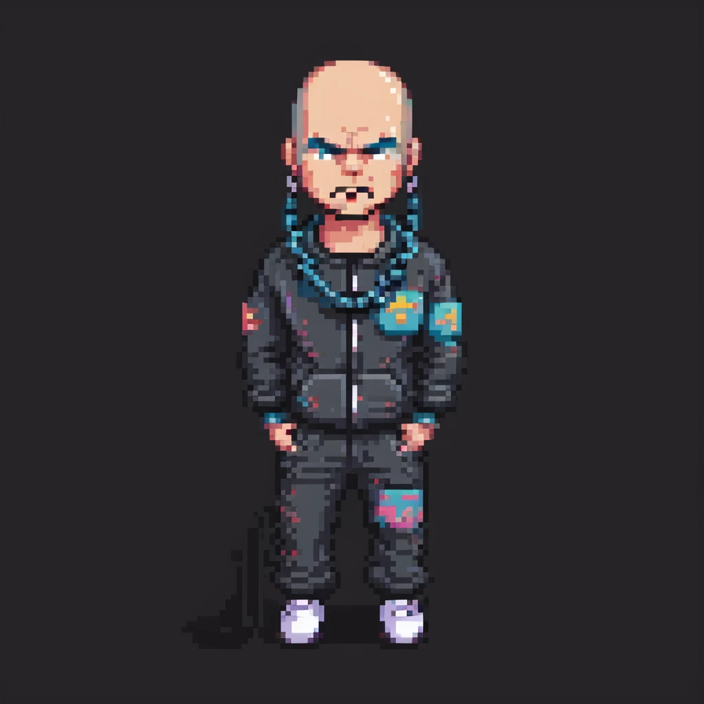 Pixel art thug in tracksuit, holding chain, bald head, angry expression, side view, retro arcade sprite
 emoji