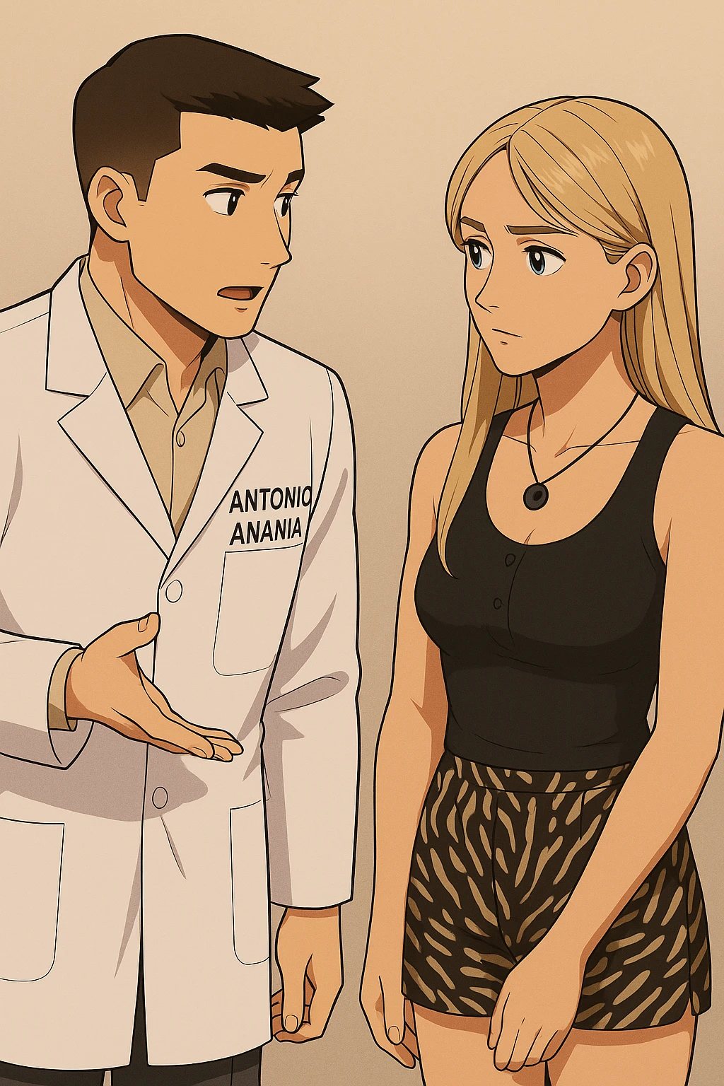 fai un webtoon/manga a colori con questo kinesiologo in camice bianco (fagli la scritta "ANTONIO ANANIA" SUL CAMICE) CHE PARLA CON QUESTA RAGAZZA CON GLI OCCHI AZZURRI. la ragazza gli fa una domanda e IL KINESIOLOGO CON IL CAMICE BIANCO LE risponde. NON FARE I FUMETTI, FAI SOLO LORO COME SE DIALOGASSERO emoji