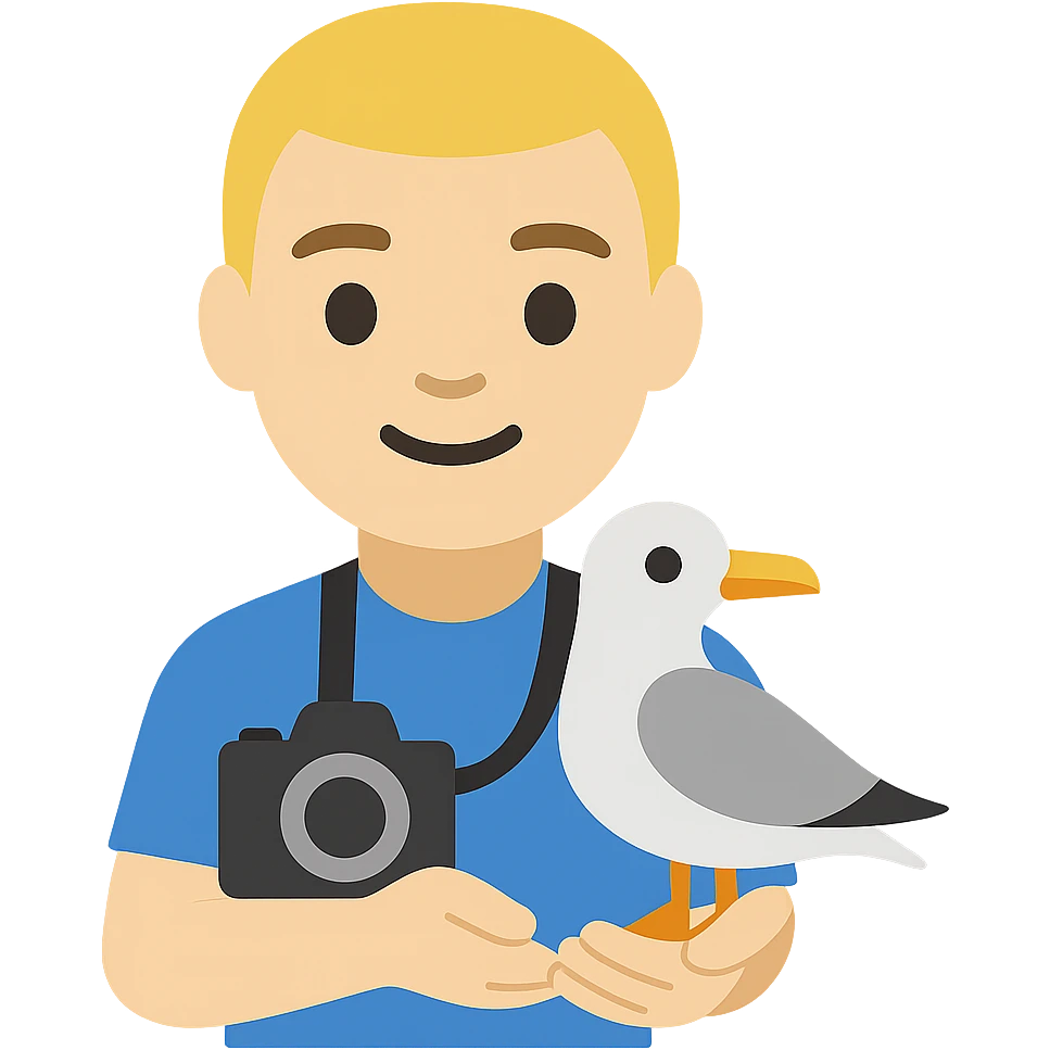 Minimalist emoji-style illustration of a smiling photographer holding a seagull in their hands and a camera around the neck. Simplified, clean lines, vibrant colors, small size emoji