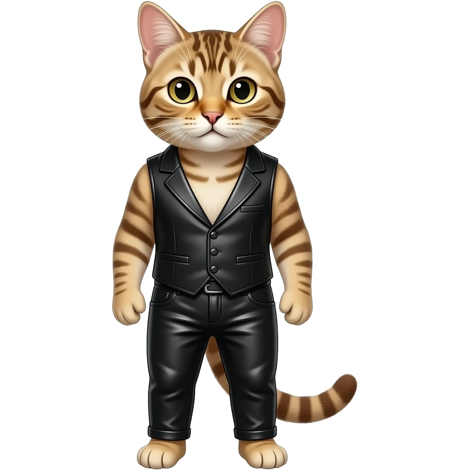 a cat wearing an open black vest and black leather pants emoji