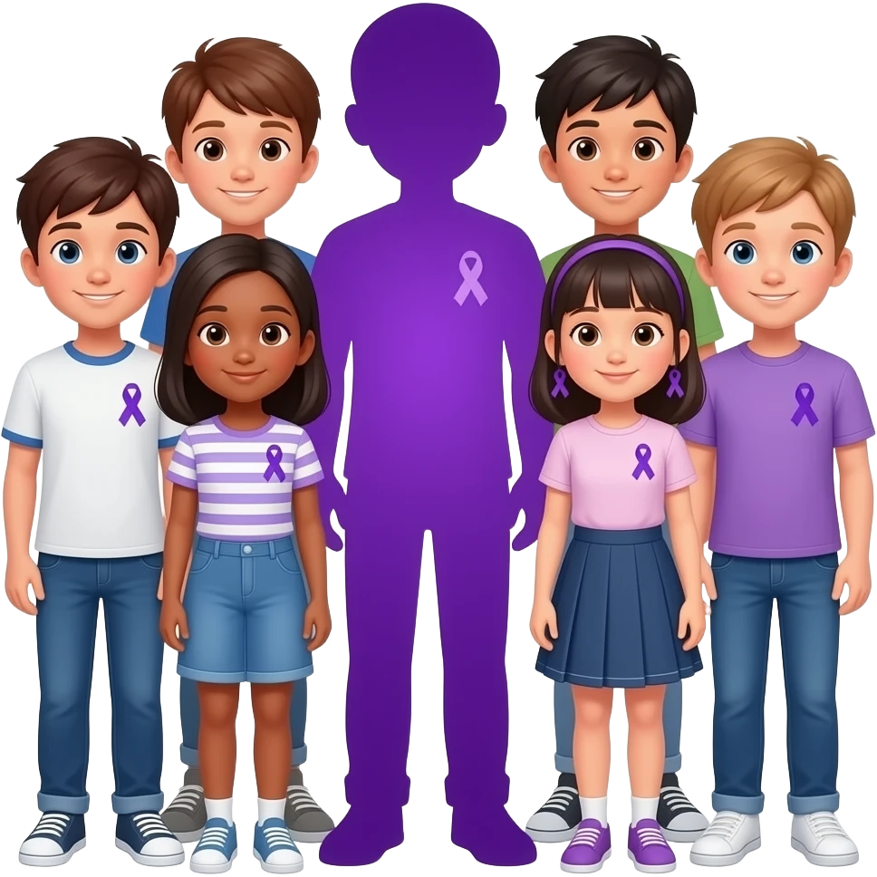 iOS-style emoji: group of boys and girls taking a photo, each wearing a small purple ribbon for fibromyalgia awareness, with one silhouette fully purple standing out, soft gradients, cute and minimal, transparent background emoji