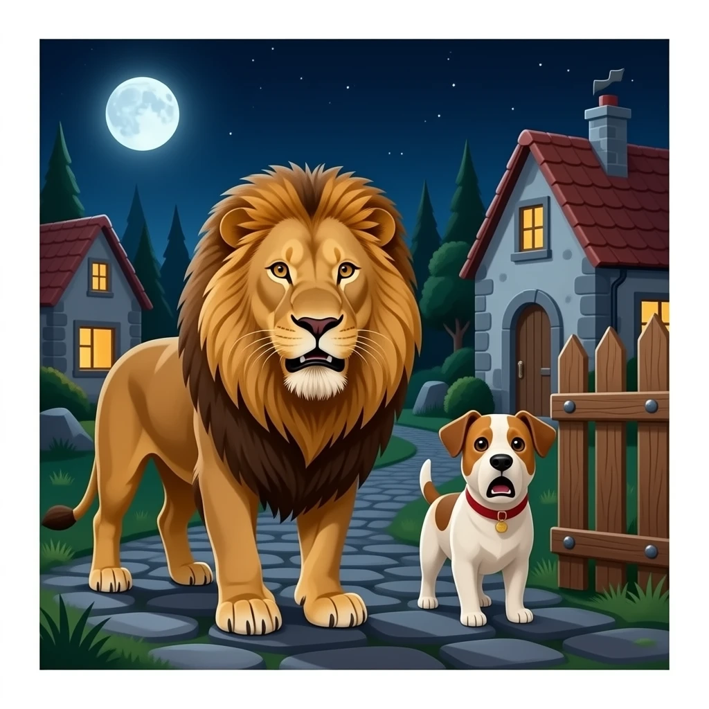 quiero que salga en un publo un leon y un perro que esten por la ciudad dando vulta con mucha hambre pero que no deestrozen nada tambien quiero que en las puertas hayan puesto madera colocada para que no entren  que la gente de el pueblo  que este asustada y que sea de noche  que no entren en casas emoji