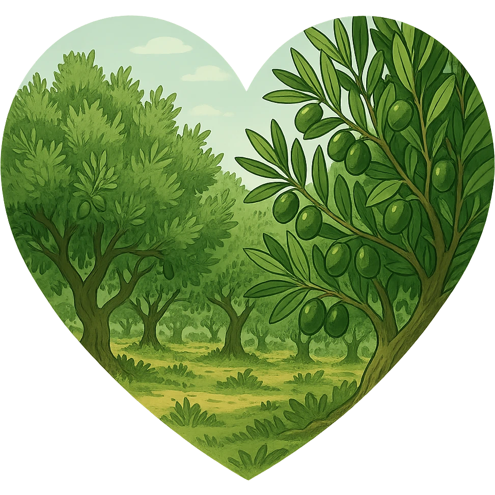 heart with a lush olive grove, clean digital illustration emoji