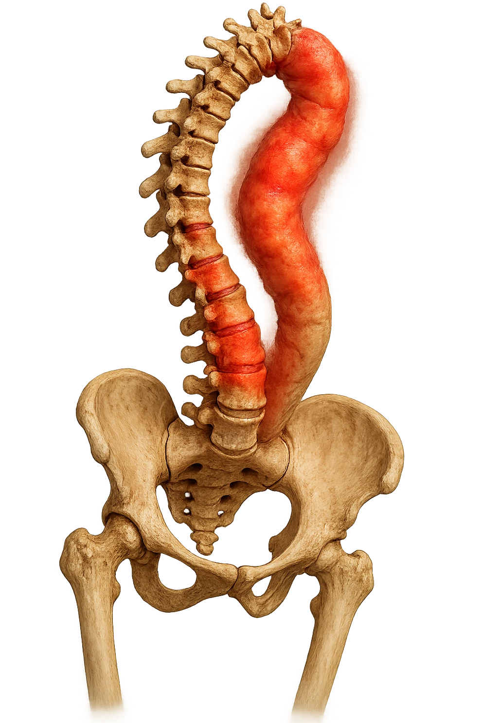 SPINA DORSALE STORTA E INFIAMMATA CON BACINO UMANO ANATOMICO REALISTICO INCLINATO, iperrealistica 4k emoji