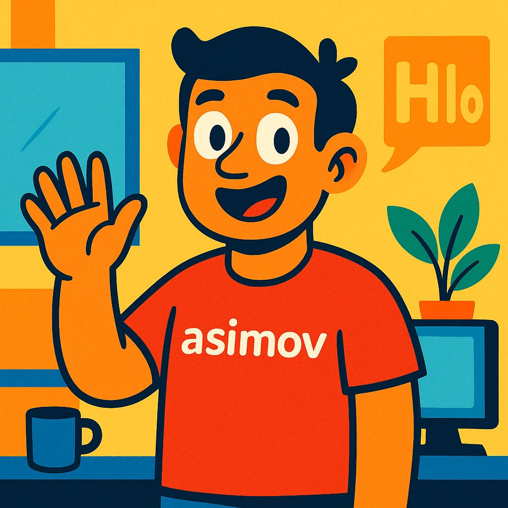 an office worker wearing a red t-shirt with the word 'asimov' printed on it, waving and saying hello, friendly expression, simple background, vibrant toon style emoji