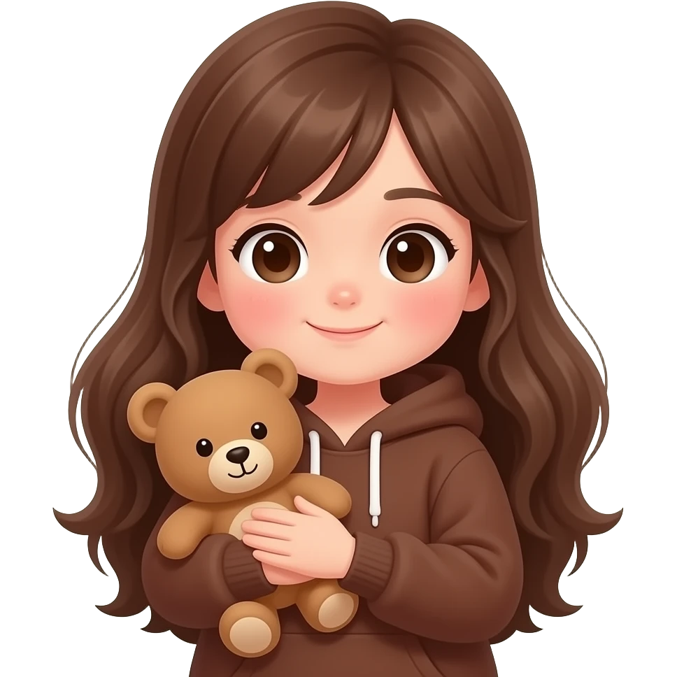Adorable girl emoji with long brown hair, coffee brown hoodie, hugging a tiny teddy bear, cream background, blushing cheeks, warm cozy aesthetic, kawaii cartoon sticker style. emoji