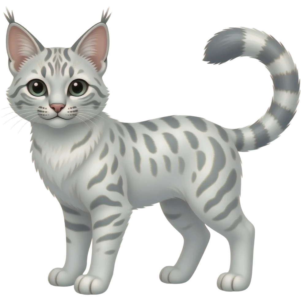 Albino white pastel Realistic patterned marked edgy bluish greyish blackish whitish silvery Shiny Colorful Dusky Dark Glossy Genet-Caracal-Lion-Bobcat-fusion-animal-hybrid-creature, full body, tufted ears, long thin tufted tail emoji