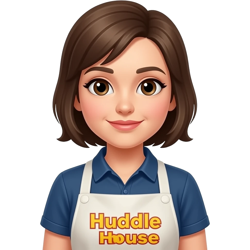 Cute waitress with apron that says huddle house emoji