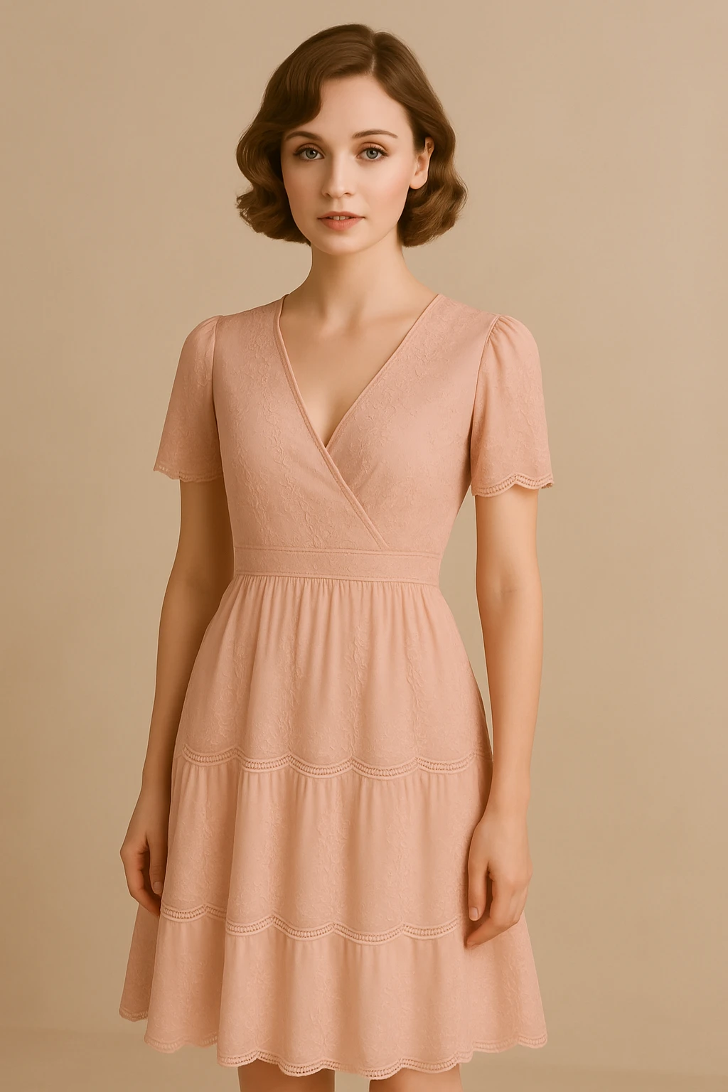Change the pink dress to a pastel pink with lace details, keep the rest of the look the same, elegant and delicate style. emoji