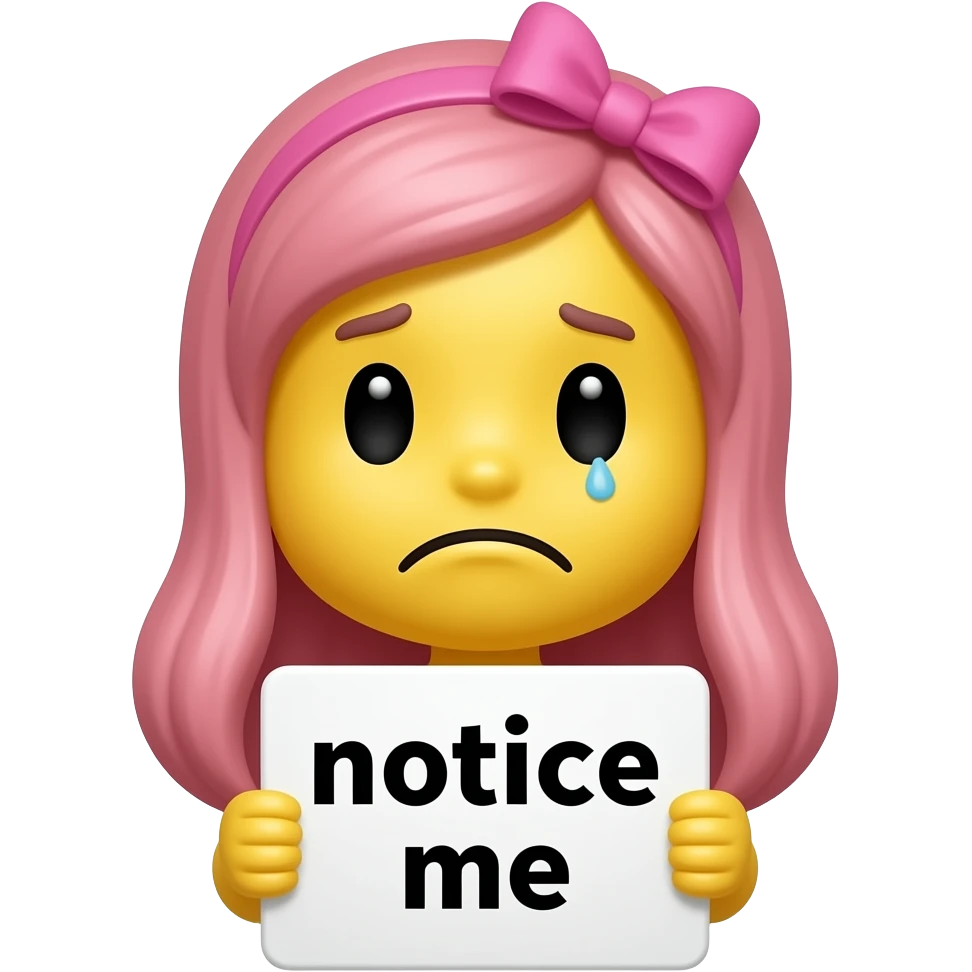 Yellow smiley with pink hairbow sad holding emoji up a sign that says "notice me" emoji