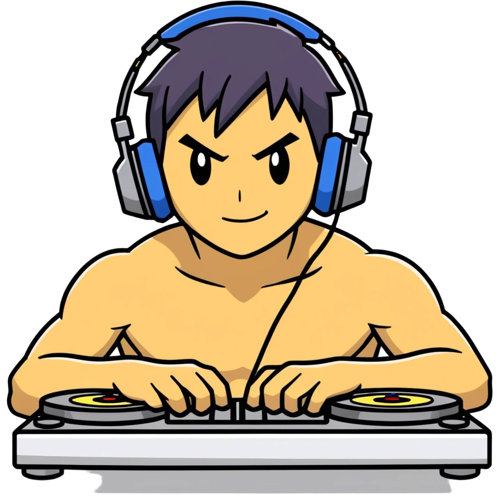Hot handsome hot muscular 6.5ft ash ketchum without a shirt, being a DJ in a zoom meeting for a bunch of pokemon emoji