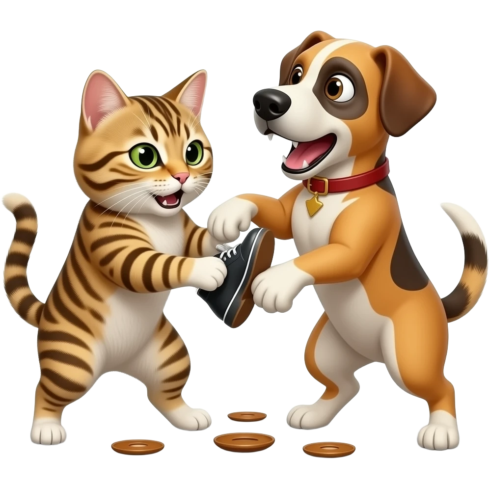 A cat and dog fights over shoes emoji