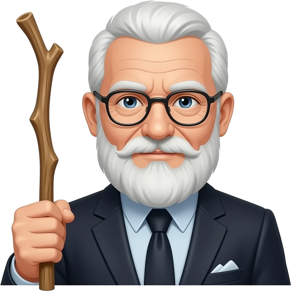 A stern elder tech guru holding a stick with a fade haircut emoji