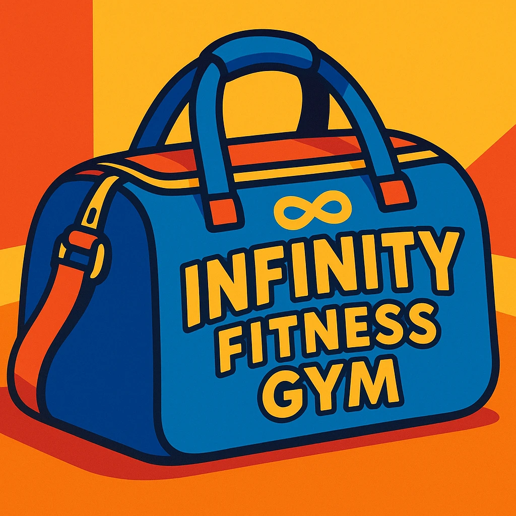 vibrant cartoon gym bag with 'Infinity Fitness Gym' printed in bold, playful letters on the side emoji