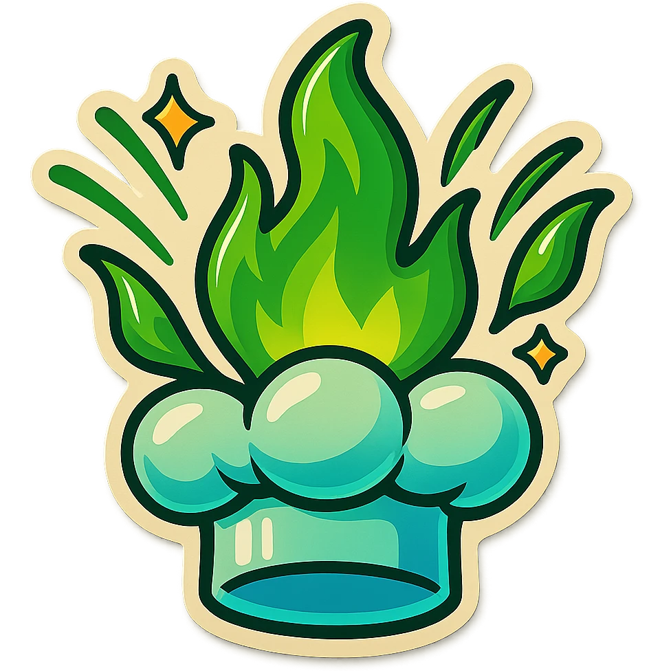 chef's hat explode with trails of fires, emoji, playful, magic flame green gradient, vibrant, flame matching style reference file emoji