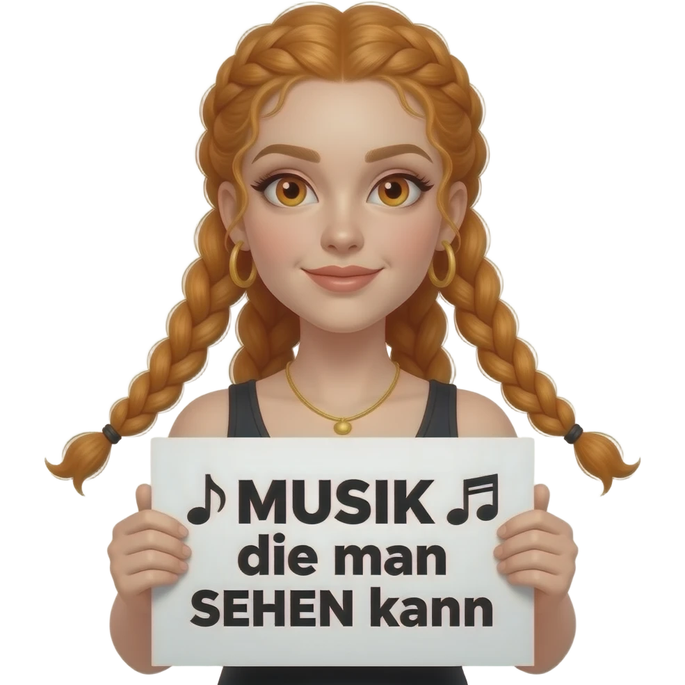 sexy girl with long ginger braids and ginger eyes wearing a black tanktop and is holding a white sign with 🎵MUSIK🎵 die man SEHEN kann written on it emoji