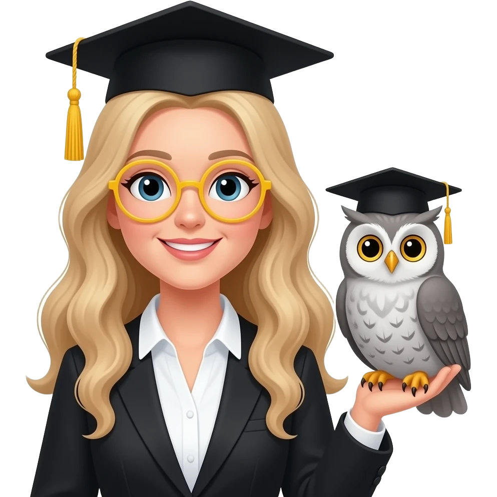 a teacher with long wavy blond hair. a cute grey owl wearing a black graduation cap with a yellow tassel and round yellow glasses. the owl is sitting on the right hand emoji