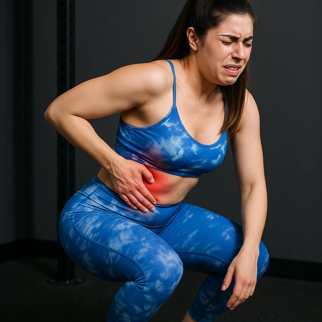 A slender woman in 4K, in a gym, attempting a squat but stopping mid-movement, hand grabbing the right side, sudden pain expression, right side with evident redness, inspired by the reference photo. emoji