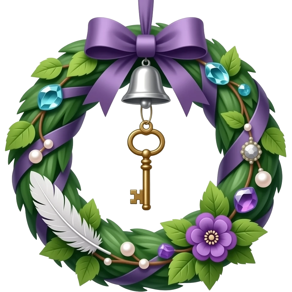 Smooth shiny decorative aesthetic glorious beautiful pretty hunter-Forest-green and deep-dusty-violet wreath circle hanging decoration With hangin bells, hanging keys, hanging trinkets, hanging feathers, hanging beads and pearls, ribbon, leaves, ivies, floral, crystals, etc. emoji