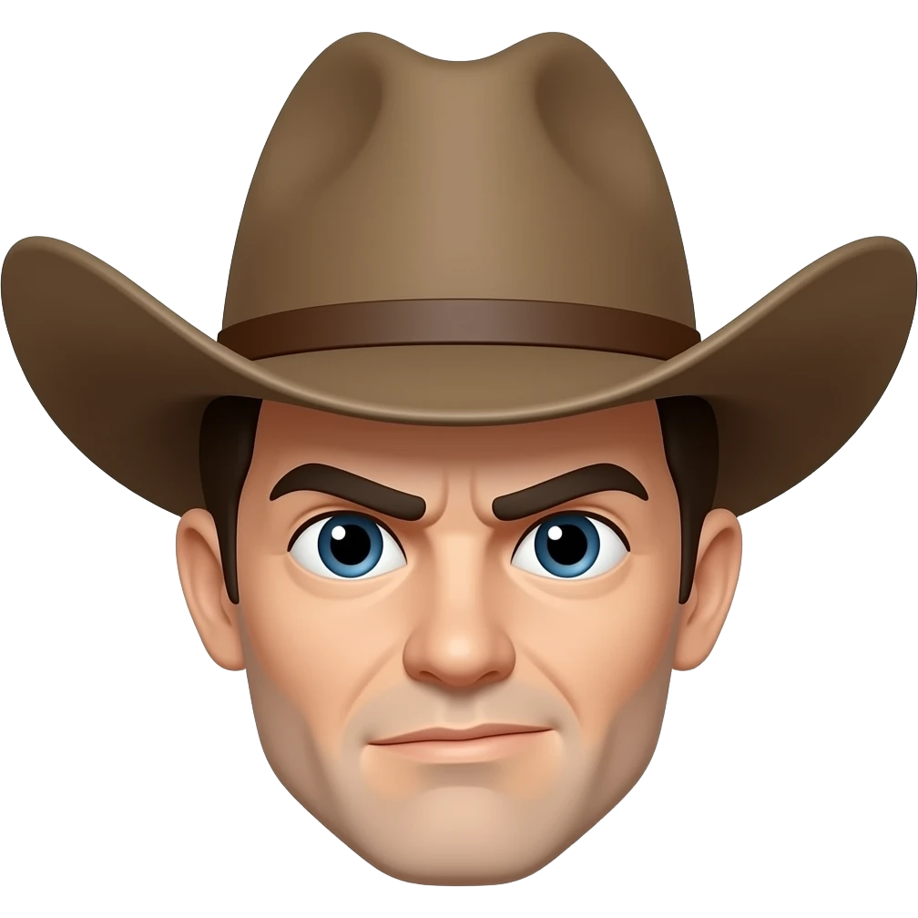 serious stern cowboy more simple, just the face, classic simple yellow smiley but a stern cowboy, even more simple- cartoon classic old emoji, doesnt look like a person, but looks like simple emoji in the style of smiley face emoji