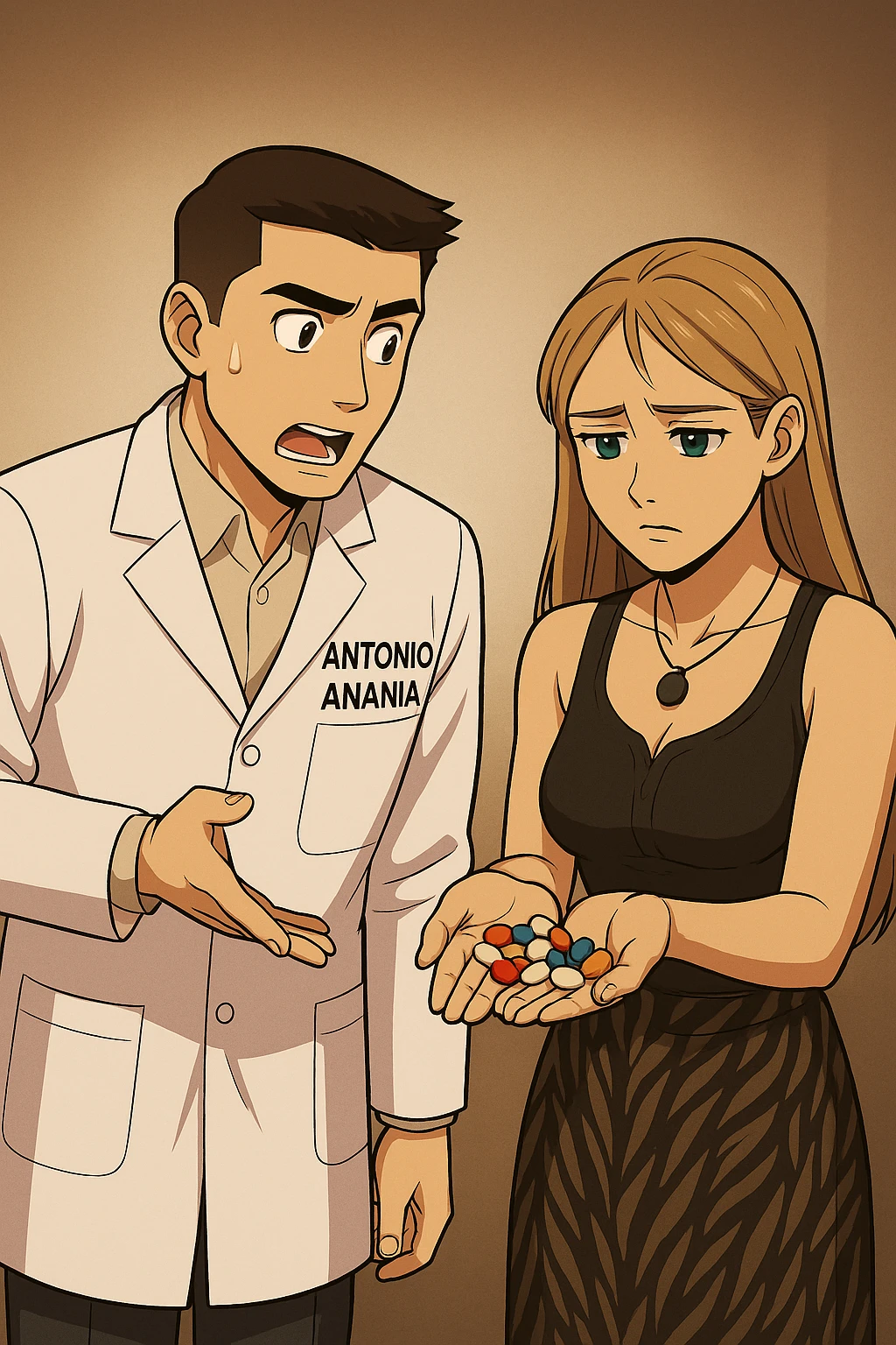 fai un webtoon/manga a colori con questo kinesiologo in camice bianco (fagli la scritta "ANTONIO ANANIA" SUL CAMICE) CHE PARLA CON QUESTA RAGAZZA CON GLI OCCHI AZZURRI. la ragazza gli fa una domanda e IL KINESIOLOGO CON IL CAMICE BIANCO LE risponde. NON FARE I FUMETTI, FAI SOLO LORO COME SE DIALOGASSERO emoji