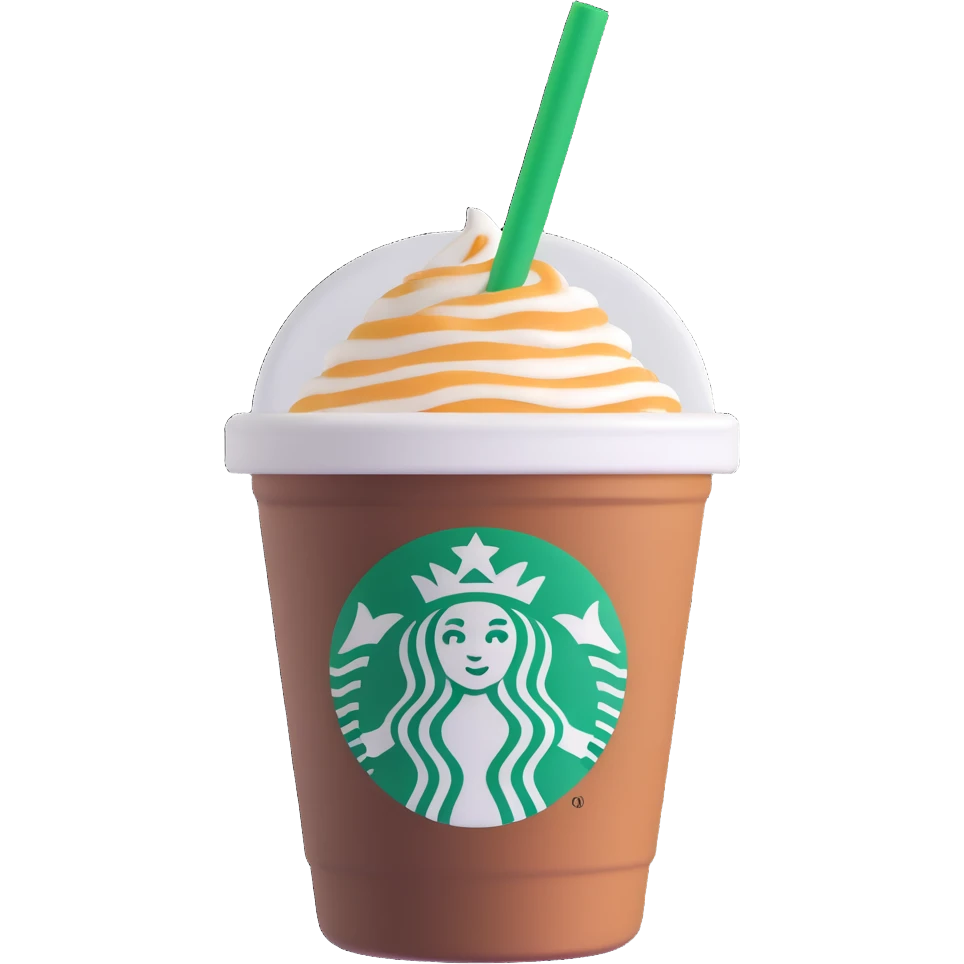 Starbucks coffee cup, 3D style, realistic, with green straw and logo emoji