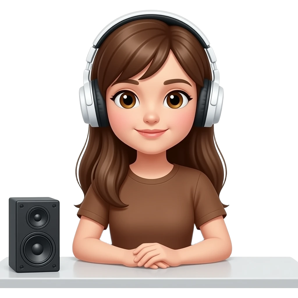 Tinédszer arcú legyen egy asztalnál úljön fehér fejhallgató legyen rajta és egy asztalnál ülljönróusaszín pólóba lány legyen barna szemmel és barna hajjal hosszú és hangszóró ne legyen a fejhallgatón emoji