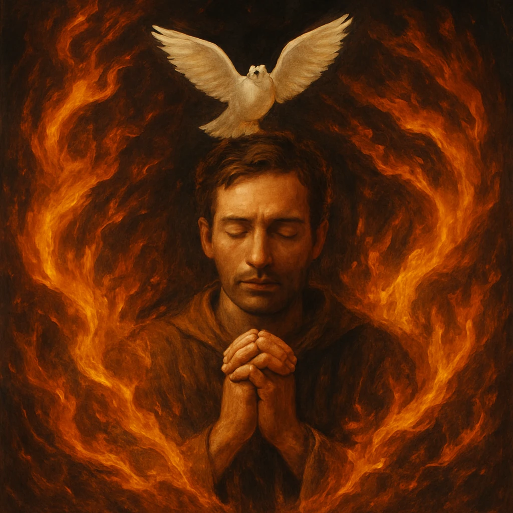 a person praying with a white pigeon and fire elements encircling them emoji