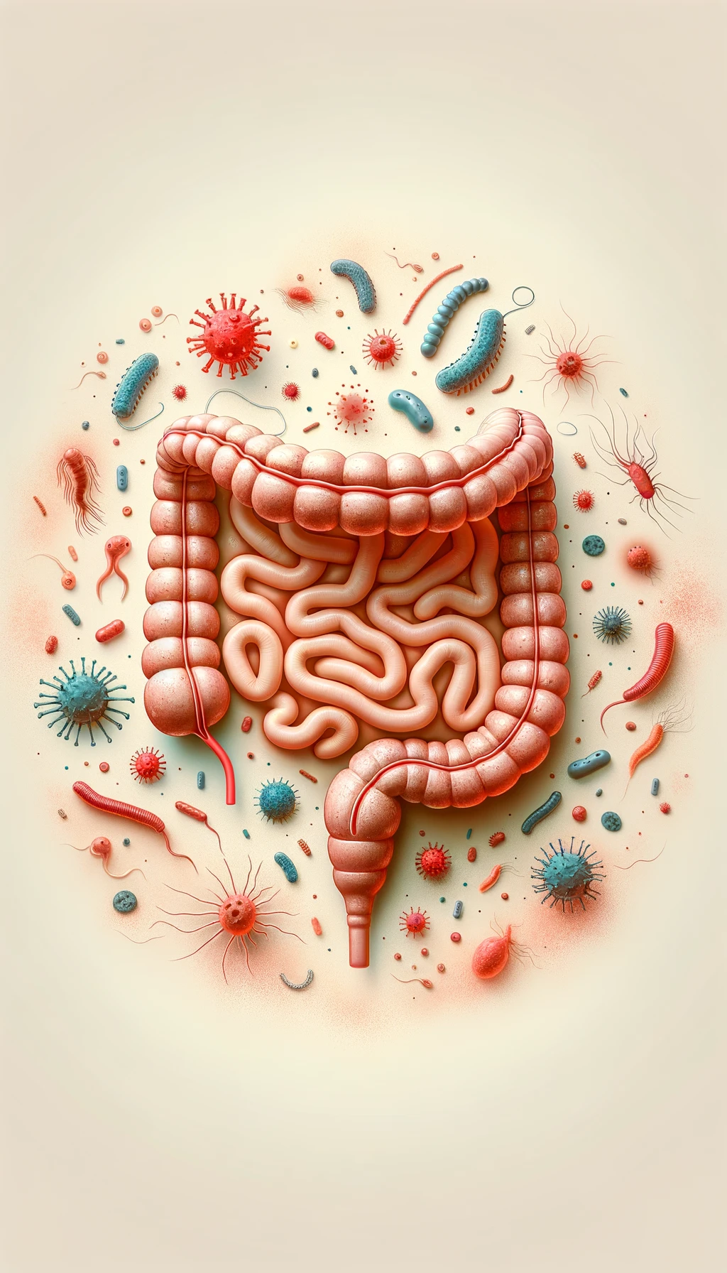 intestino umano anatomico con batteri e parassiti che gli fluttuano dietro, sfondo beige chiaro emoji