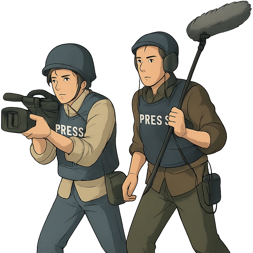  walking from left to right across frame: a cameraman, and a microphone operator, ONLY two people, war correspondents, tense moment emoji