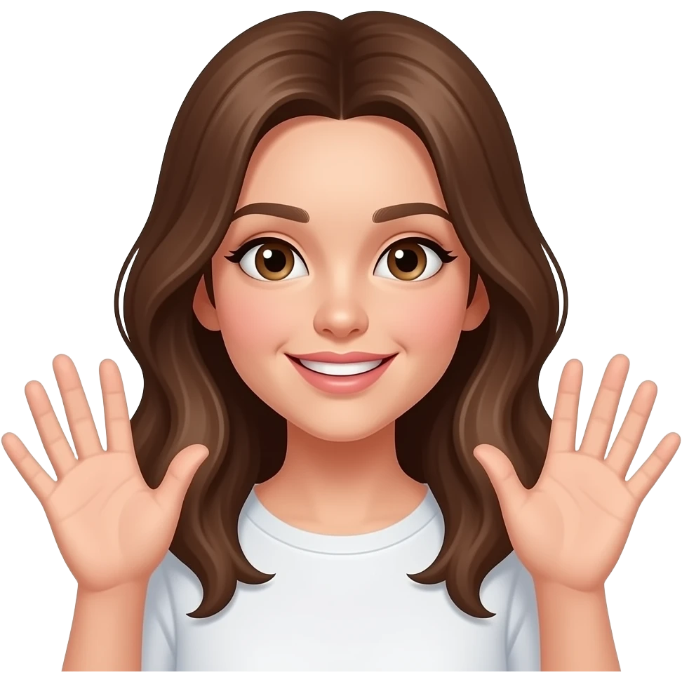 Make it girl with light skin but brown hair having her hands up and face expression being a flirtatious “🙂‍↕️” Palms up emoji