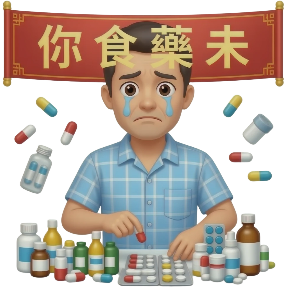 A sad m man worrying taking plenty medicine with a chinese banner 「你食藥未」 emoji