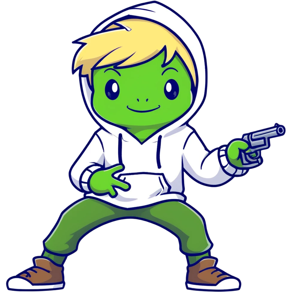 Create an animated boy with blonde hair wearing a frog hoodie, pointing a gun forward. Match the pose and style of the reference image but remove the watermark. Make it suitable for a Discord sticker style. emoji