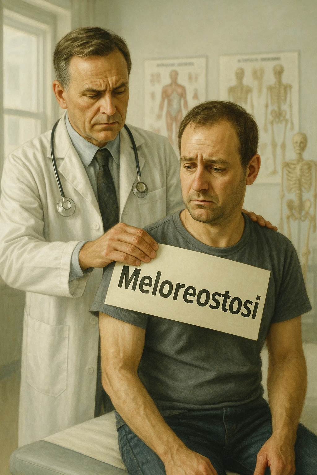 A realistic, cinematic illustration set in a bright, modern medical office. A middle-aged doctor in a white lab coat with a serious expression is shown gently placing a large paper label on the shoulder of a male patient sitting on the examination table. The label has the word 'Meloreostosi' written on it, symbolizing the act of labeling the patient with his rare bone condition. The patient looks confused and slightly disheartened, wearing a simple t-shirt with part of his arm exposed, showing subtle signs of bone thickening or deformation associated with melorheostosis. The background includes medical charts and a softly blurred skeleton model, emphasizing the medical setting. The lighting is bright but neutral, conveying a sterile, clinical atmosphere while focusing on the symbolic moment of receiving a diagnosis label. The mood is introspective and slightly heavy, illustrating the emotional weight of being defined by a rare chronic condition in italiano emoji