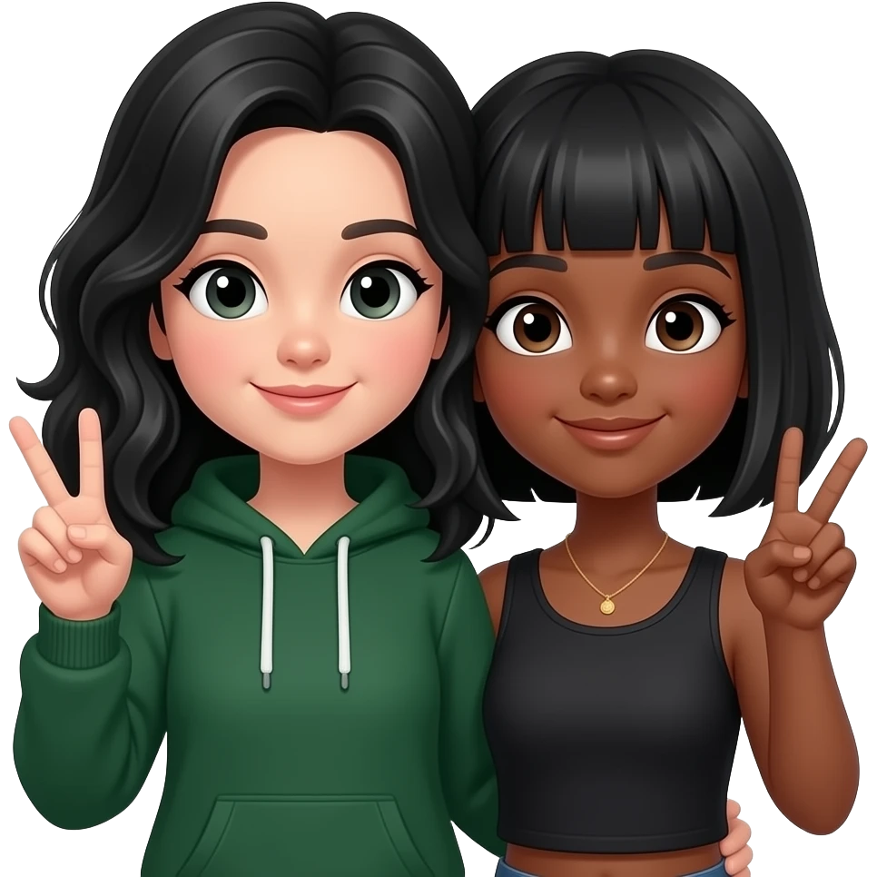 a wihte short (tall) girl w dark green hoddie, black wavy tall hair w making the ✌🏻 another White, slightly dark brown  girl w black short hair n bangs making the ✌🏻 w her n there close to each other emoji