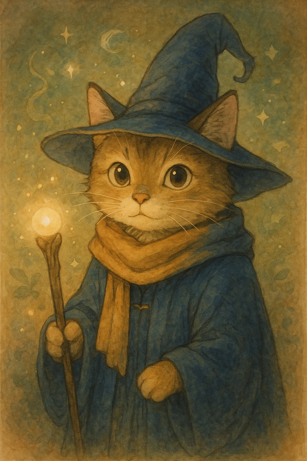 cat wizard, detailed, whimsical, soft colors, ghibli style emoji