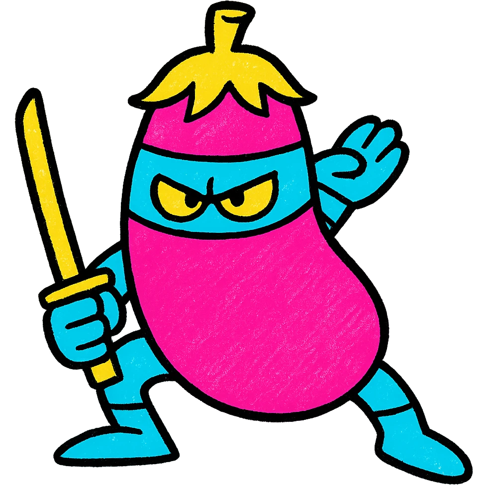 eggplant ninja, stealthy stance, bold colors, sharp and vivid emoji
