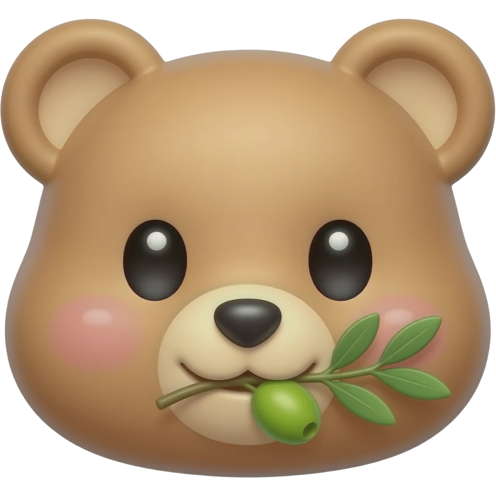 A cute kawaii cartoon bear face, chubby cheeks, big shiny eyes, small smile, holding a green olive branch in its mouth or paw, background is soft light blue or white, round emoji style, simple vector art, bright pastel colors, adorable, no shadows, flat design emoji
