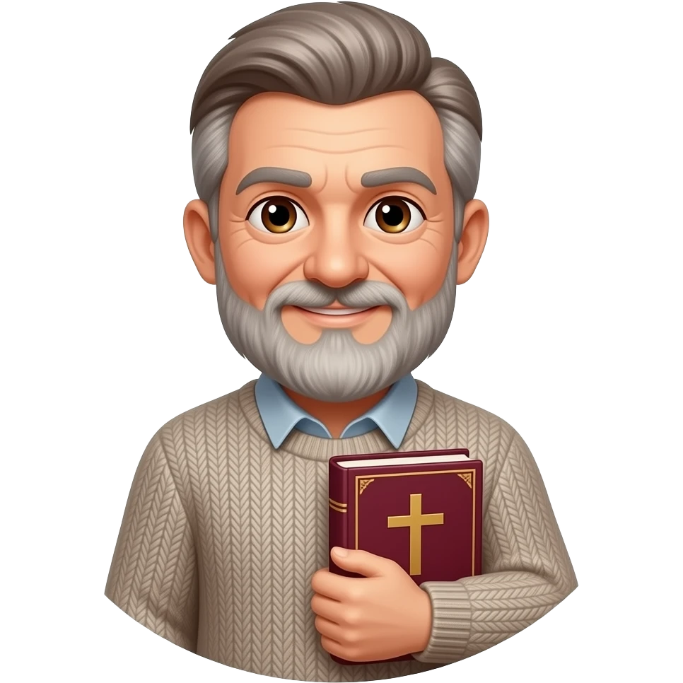 wise old man with grey brown hair sweater slight smile brown eyes beard with burgundy book that has a cross on it no circle emoji