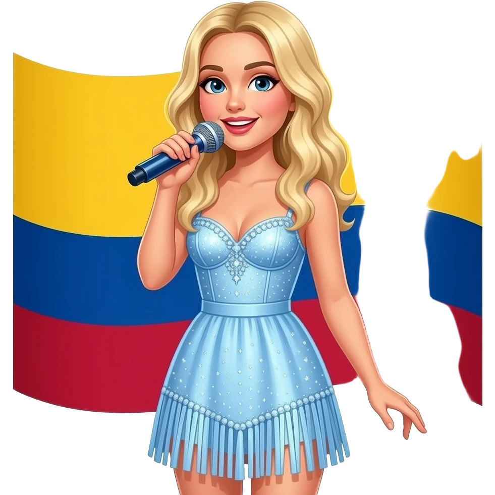 Sabrina carpenter blonde hair performing at a concert  in a light blue sparkly dress with strings at the bottom and sparkly at the top. Columbia’s flag in background (red, blue,and yellow) emoji