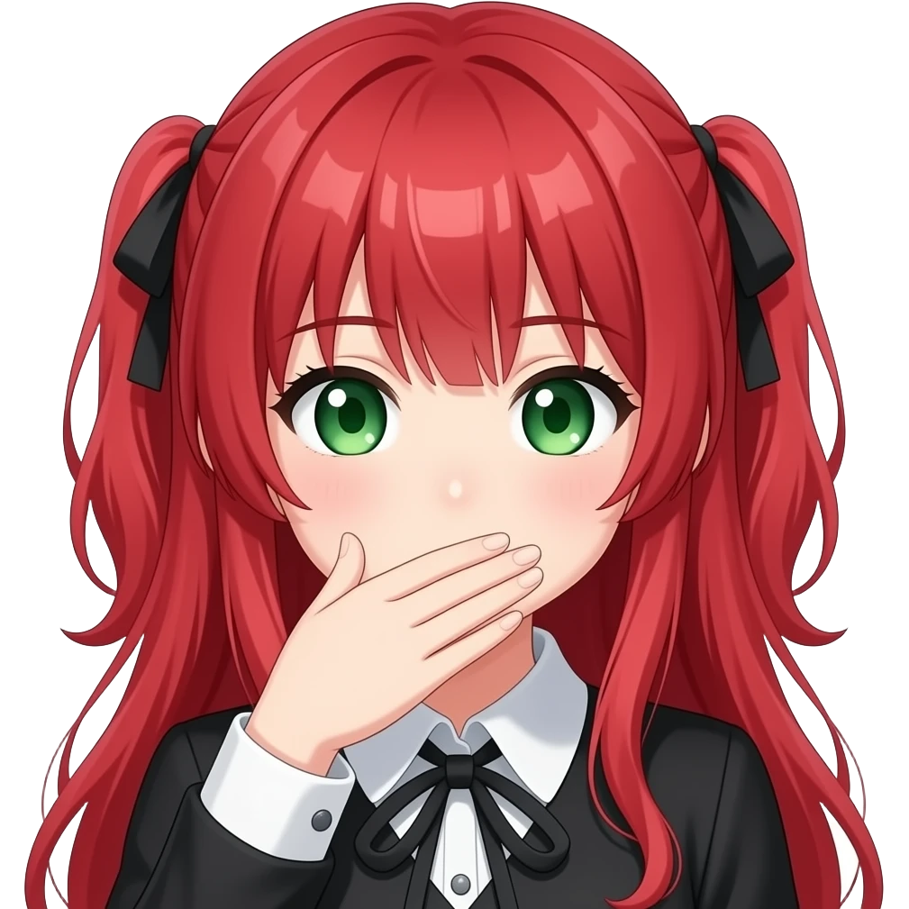 anime girl hand over mouth red hair green eyes black blouse with white collar emoji