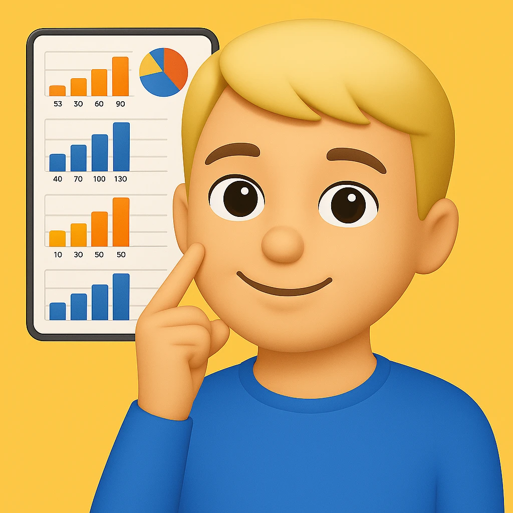 Person thinking with graphs in the background, apple emoji style, smiling with a closed mouth (no teeth), with a yellow background. The style should resemble apple emojis with concise details. emoji