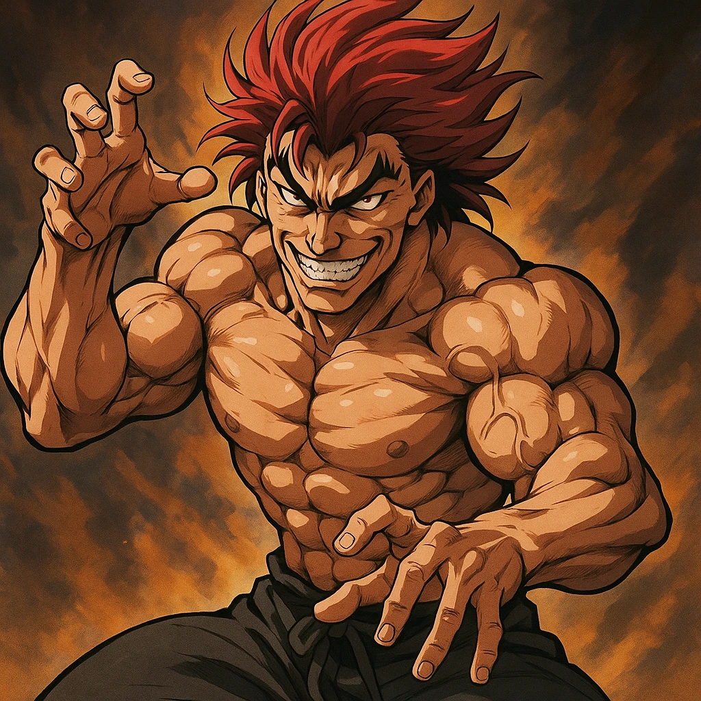Yujiro Hanma, muscular anime character with red spiky hair, menacing grin, martial arts pose, style 4 emoji