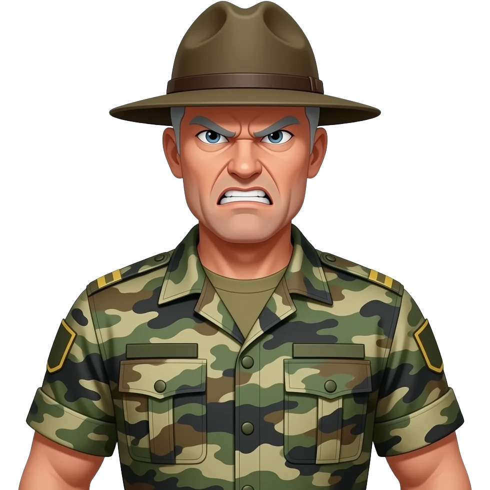white sergeant character with gray hair wearing a classic drill sergeant hat and a urban camouflage army shirt. The character should have an angry intense expression. full torso and arms emoji