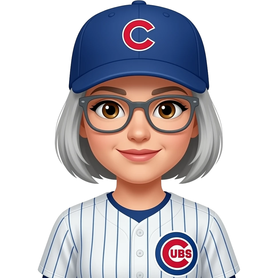 Female, brown eyes, short gray hair, gray glasses, Chicago cubs cap and uniform emoji