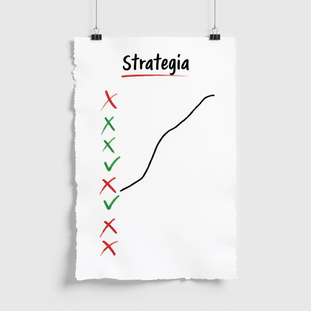 hyperrealistic 4K white sheet of paper with the word 'strategia' written at the top, a wavy line crossing the sheet with stages marked by red crosses and green check marks, photorealistic style emoji