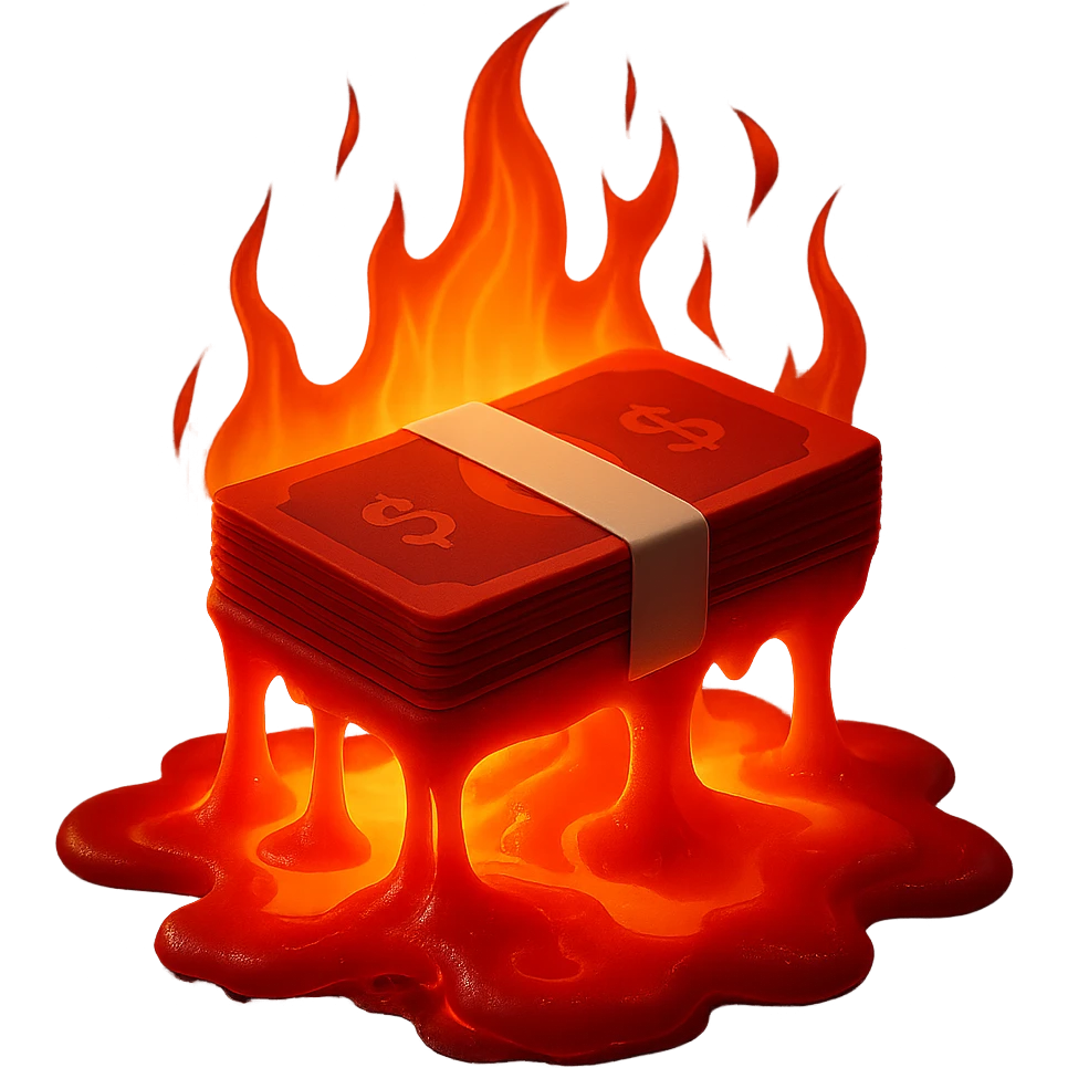 Make the stack of red cash turning into molten lava look more realistic, with crisp details, realistic fire and melting effects. Keep the background transparent. emoji