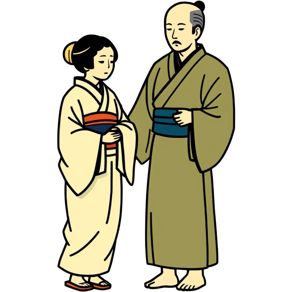 illustration of father celebrating the singing of divorce papers next to grieving wife Japanese art influence emoji