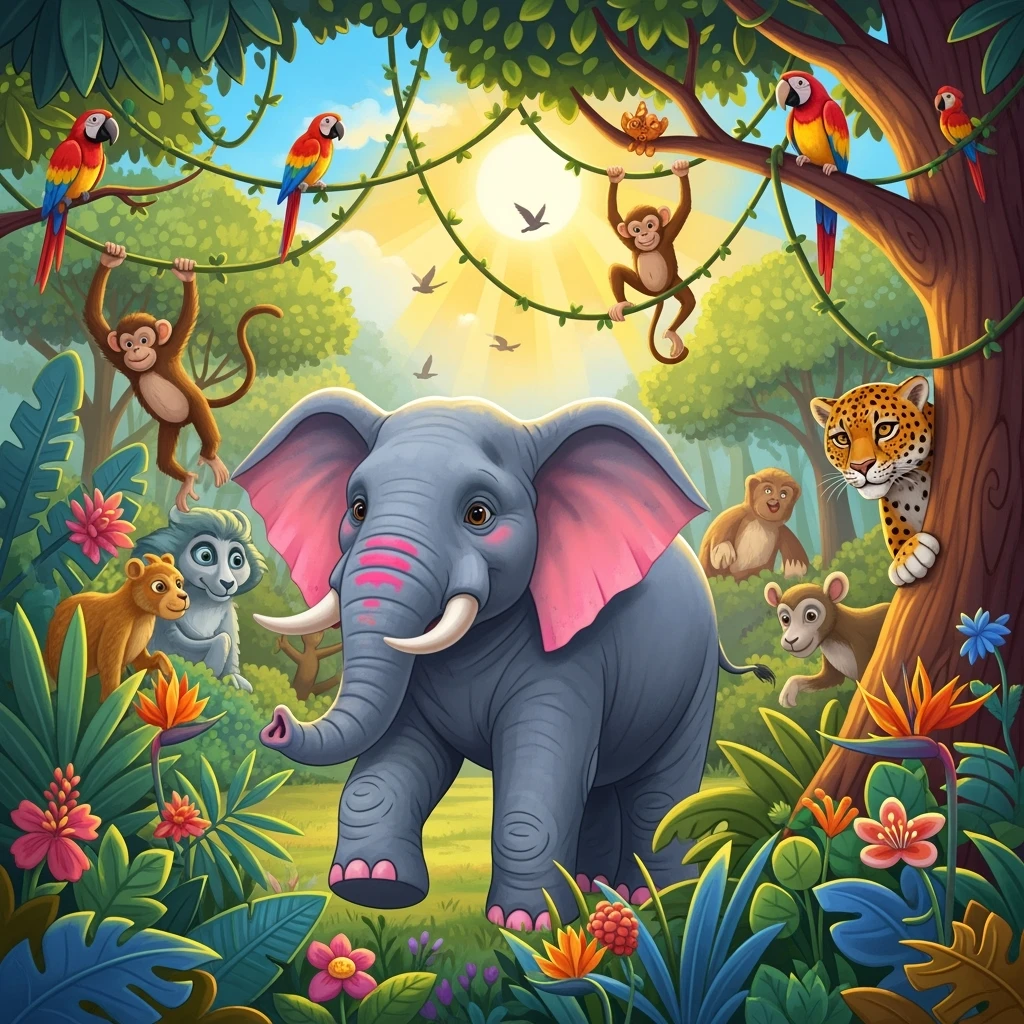 digital illustration of jungle safari in the style of children's story book emoji